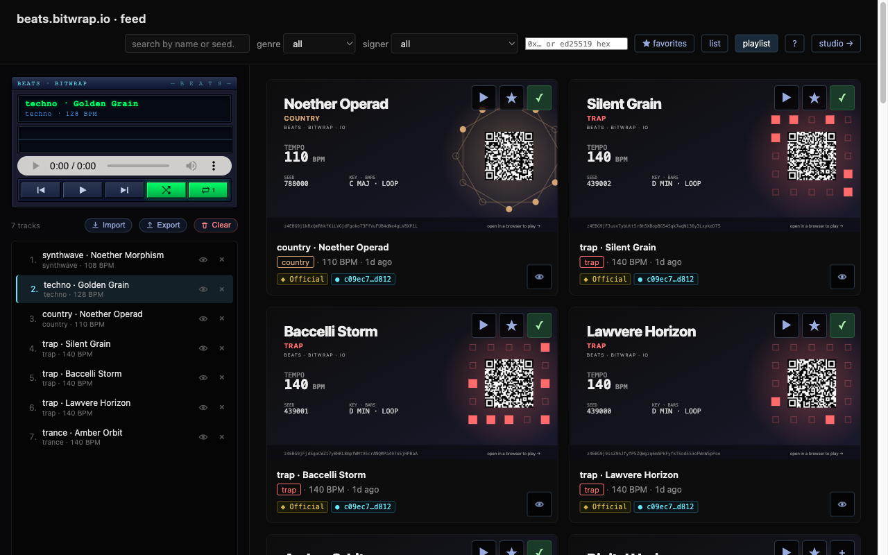 beats.bitwrap.io feed with the built-in player open in the sidebar over the card grid